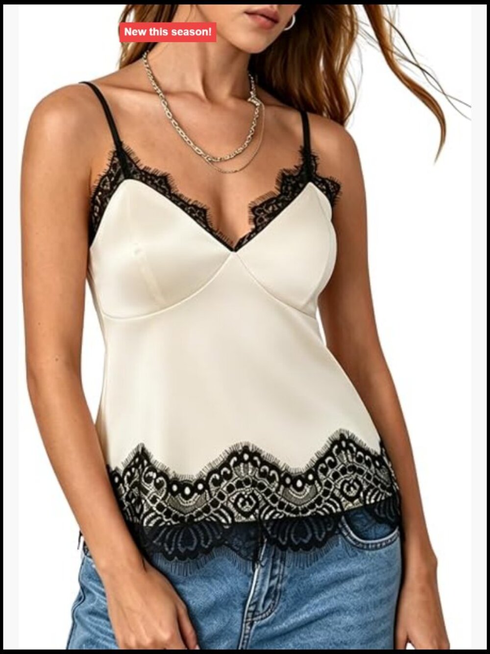 Satin Lace Cami Silk-ish Tank Top Sleeveless V-Neck